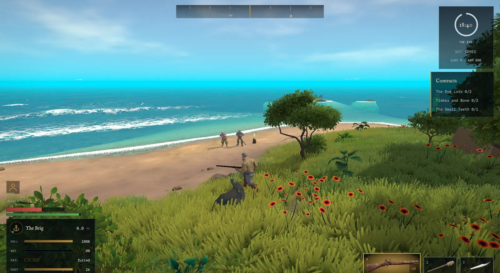 A beach with red poppies in the grass; two guards patrol near the surf while a crewman approaches.