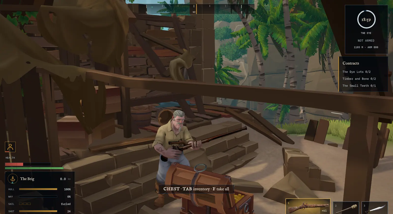 A crewman kneels at a chest inside a driftwood hut.