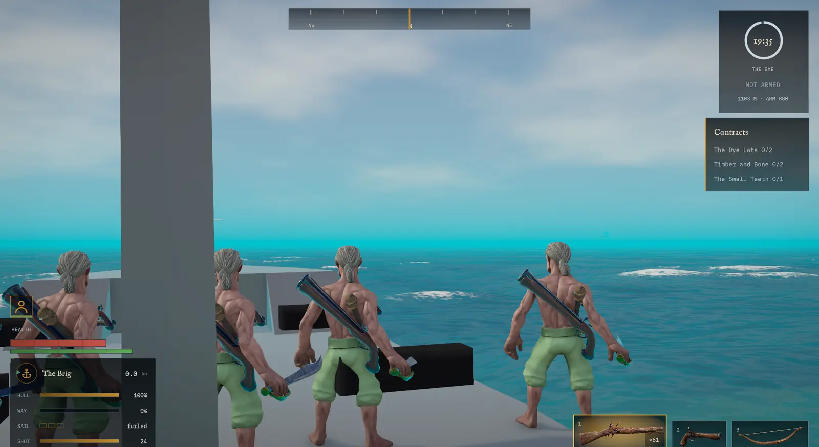 Three sailors with cutlasses stand on a ship's deck under a bright sky.