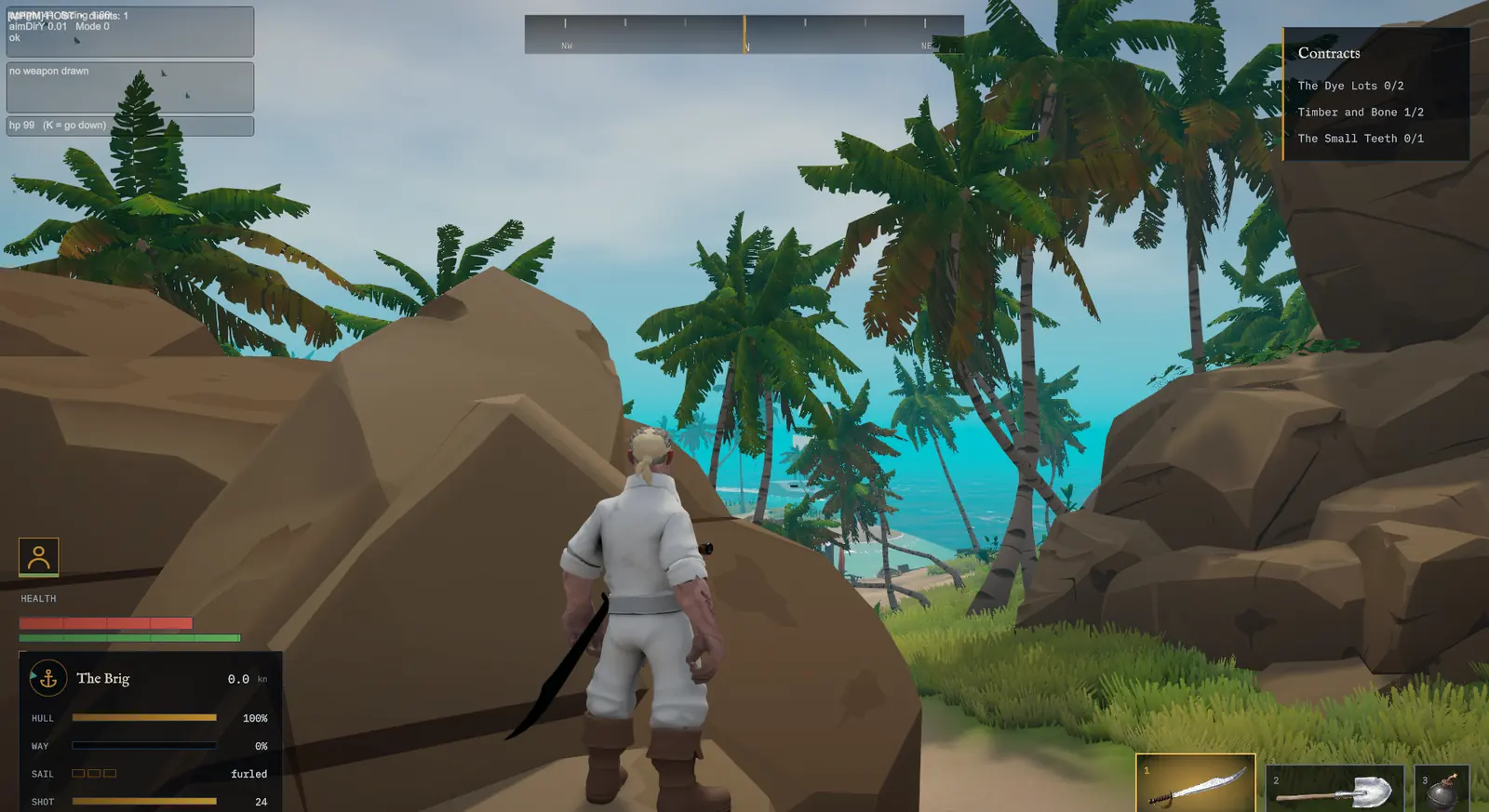 A crewman walks between large boulders with palms and the sea behind.