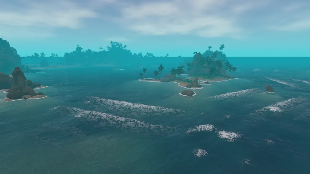 Islands scattered across a wide sea under a bright sky.