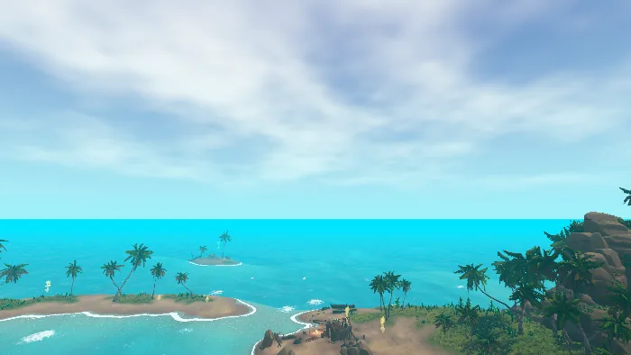 A palm-fringed island close by, turquoise shallows around it.