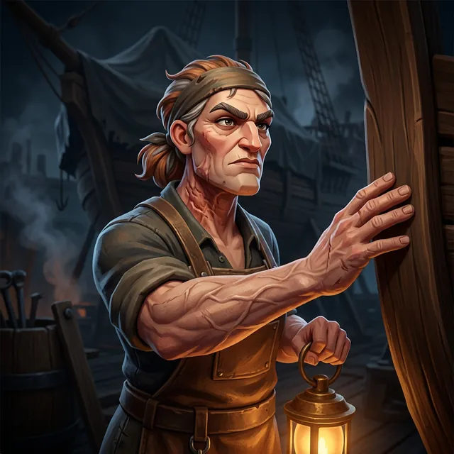 Gantry, the shipwright, at her bench.