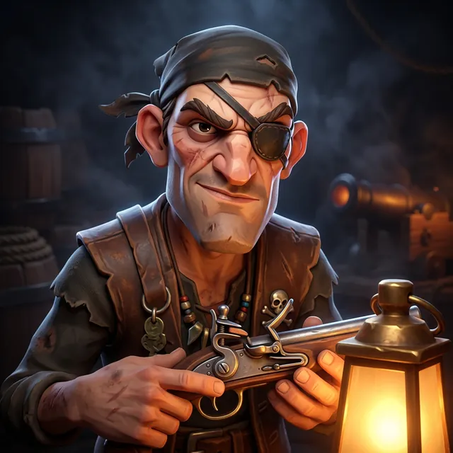 The Gunsmith, one eye patched, pistol in hand.