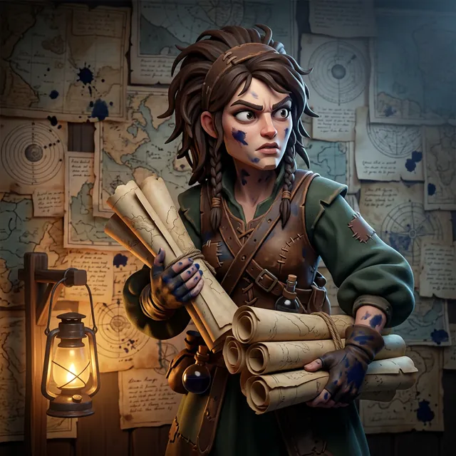 Vesper, the cartographer, holding rolled charts.